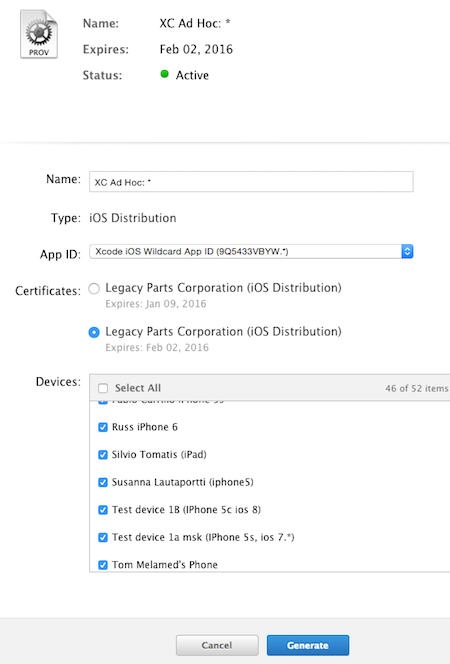 Screenshot of added UDIDs to a provisioning profile in ADC