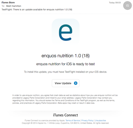 Email from Apple iTunes Store about updated beta of app