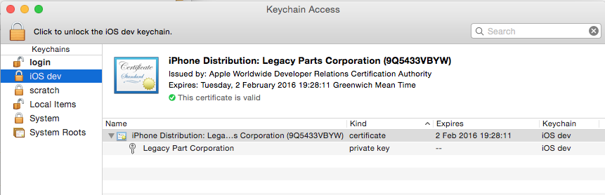Keychain screenshot showing certificate and key